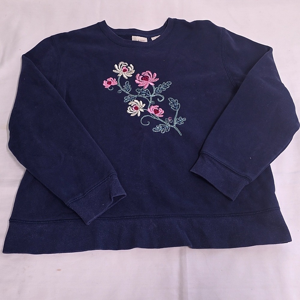 Classic Elements Sweatshirt Women M 10-12 Navy Blue Floral Embroidered Grandma